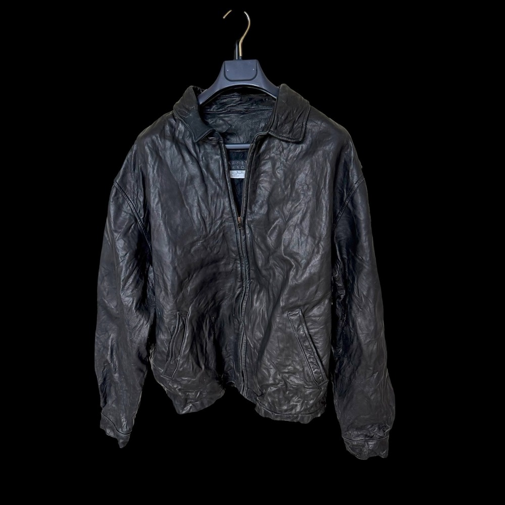 Barneys New York Vintage Mens Black Leather Bomber Jacket‎ Full Zip Size L USA